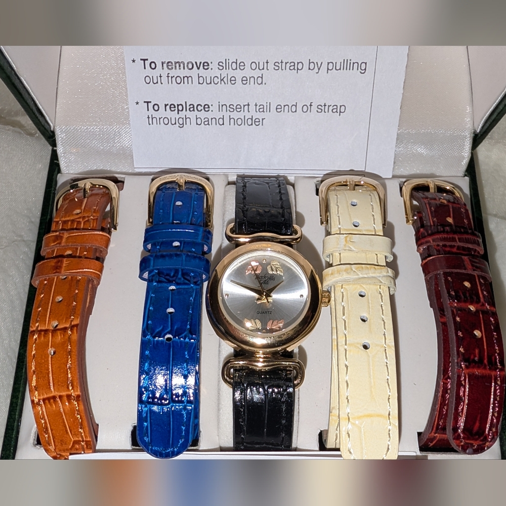 Black Hills Gold Tone Watch 12k Gold Leaves Interchangeable Bands New In Box - Picture 5 of 8